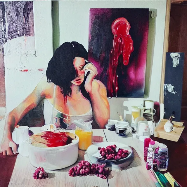 Image similar to “ sensual, a portrait in a female art student ’ s apartment, pancakes, woman drinking an iced latte from a painting, berries, art supplies, a candle dripping white wax, berry juice drips, neo - expressionism, surrealism, acrylic and spray paint and oilstick on canvas ”