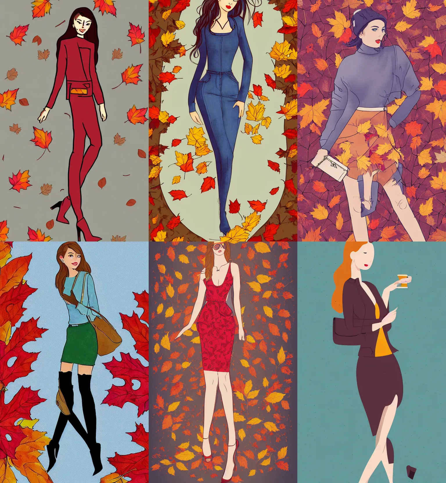 Prompt: detailed and proportionally accurate illustration, women full body, fashion clothing, autumn