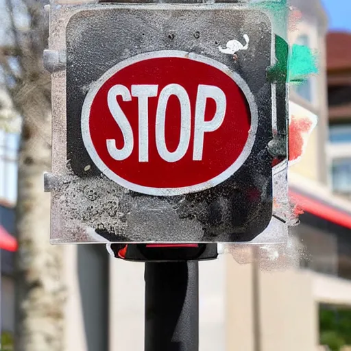 Image similar to stop sign covered in various stickers and spray paint art at a busy street corner