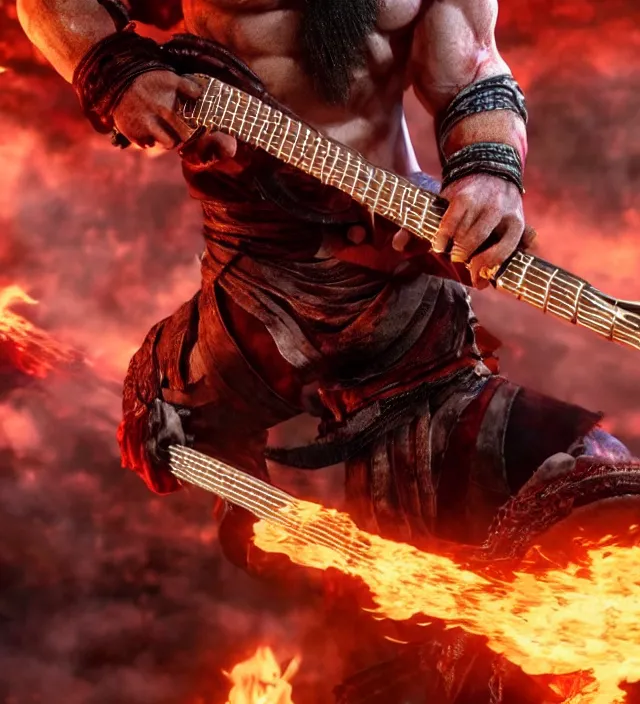 Image similar to kratos shredding on a flaming stratocaster guitar, cinematic render, god of war 2 0 1 8, santa monica studio official media, lightning, stripe over eye