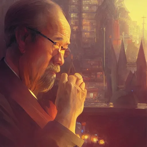 Image similar to mr miyagi, portrait, intricate, detailed, volumetric lighting, scenery, digital painting, highly detailed, artstation, sharp focus, illustration, artstation, art by artgerm and greg rutkowski and alphonse mucha