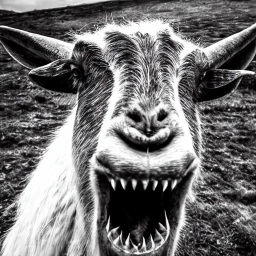 Image similar to horror, highly detailed photography, desaturated, mutated goat with huge mouth open to reveal filthy crocodile - like teeth, matted fur, in muddy medieval village, howling, screeching