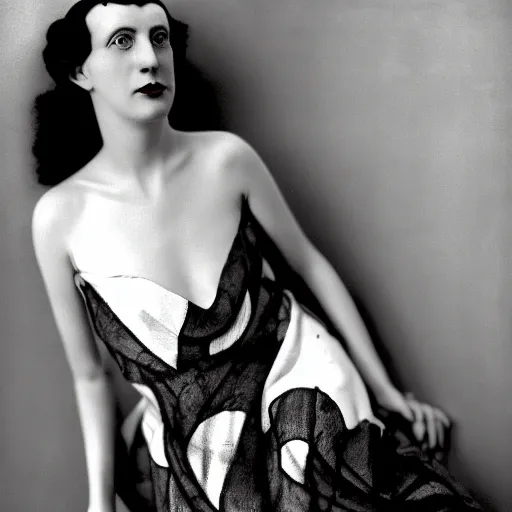 Image similar to old monochrom photography of a beautiful woman with a magpie dress, by man ray, alfred ghisoland, george edward hurrell, 4 k,