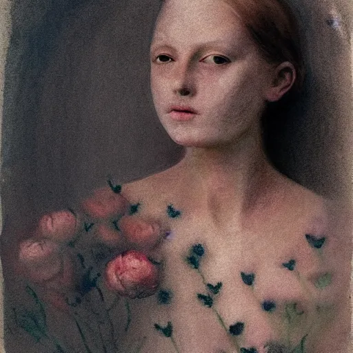 Image similar to close up of a beautiful girl morphing into a pattern of flowers, dirt watercolor by gottfried helnwein, by hammershøi, art noveau, highly detailed, lights by edward hopper, liminal, eerie, pastel colors, limited palette