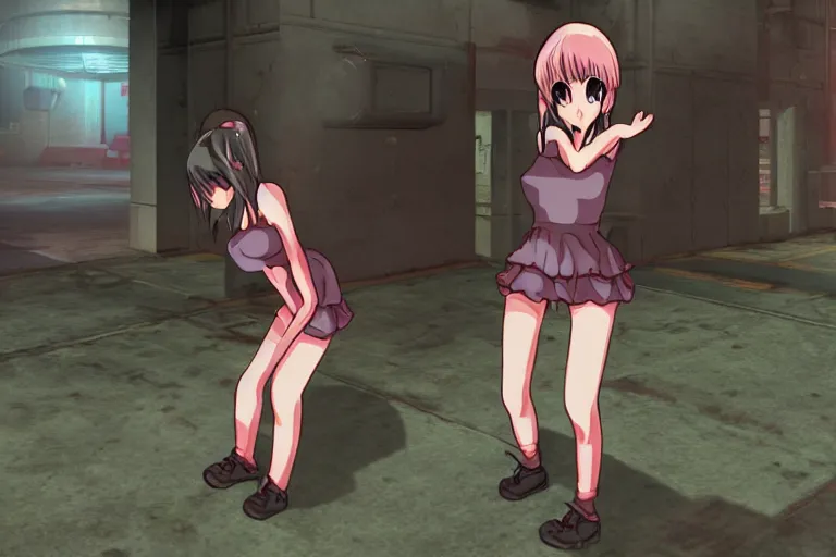 Prompt: an anime girl in a screenshot of the video game doom, the anime girl is crouching