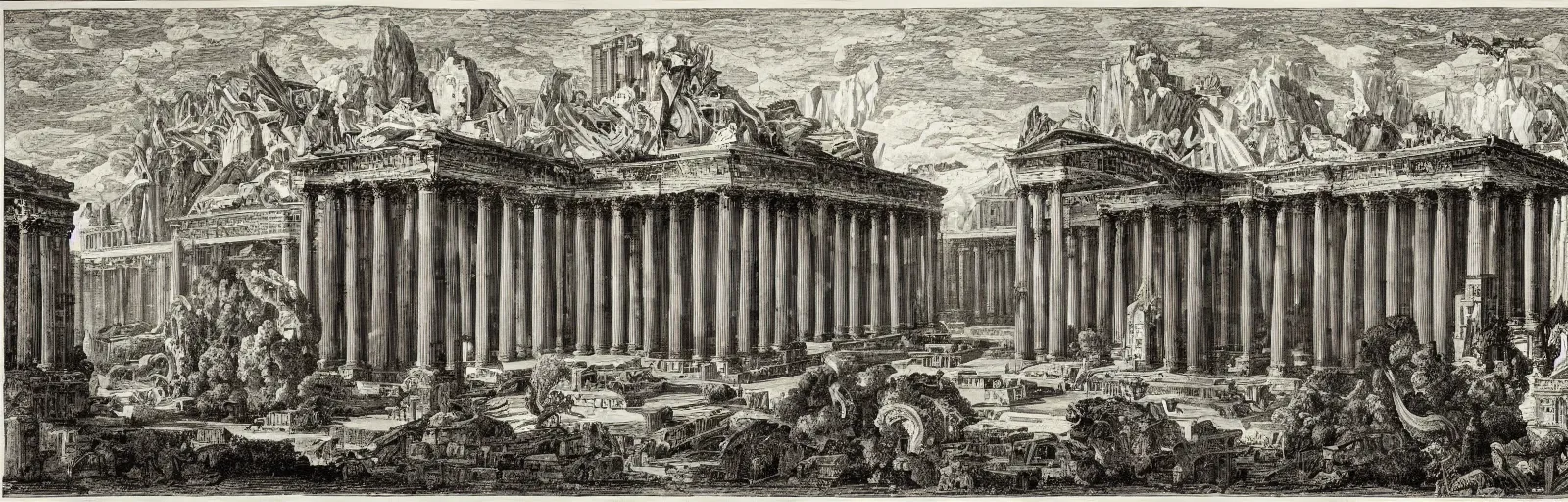 Image similar to a imaginative and theatrical architectural landscape, etching by giovanni battista piranesi