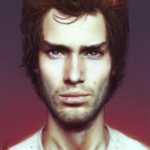 Prompt: a head - on portrait of a 2 0 - something man, brown messy hair, by wayne barlowe and charlie bowater