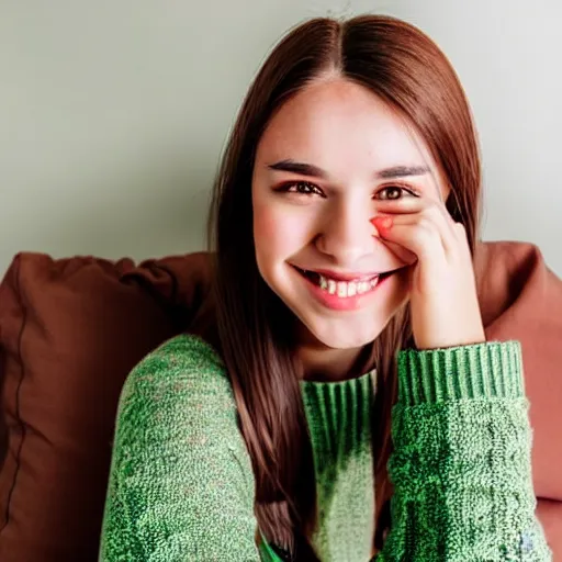 Image similar to a cute young woman smiling, long shiny bronze brown hair, full round face, green eyes, medium skin tone, light cute freckles, smiling softly, wearing casual clothing, relaxing on a modern couch, interior lighting, cozy living room background, medium shot, mid-shot, soft focus