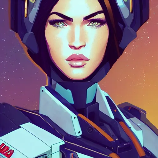 Image similar to portrait of beautiful megan fox gundam pilot, with an intricate, detailed, urban inspired hiphop afro futuristic helmet, vector behance hd jesper ejsing, rhads, makoto shinkai, lois van baarle, ilya kuvshinov, rossdraws, hd, 3 2 k, ilya kuvshinov, gustav klimt