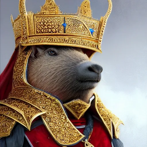 Prompt: detailed photorealistic painting of a capybara wearing a highly detailed ornamented gold crown with diamonds, in a medieval knight armor with red cape , sharp focus in the style of ruan jia, Mandy jurgens, cinematic light, concept art, trending on artstation, ultra realistic