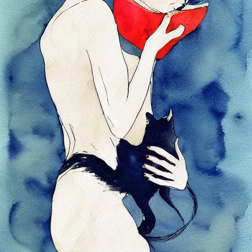 Prompt: Ciri holding a cat, art, minimalistic painting, watercolor on paper, high quality, by Conrad Roset, by Edgar Degas