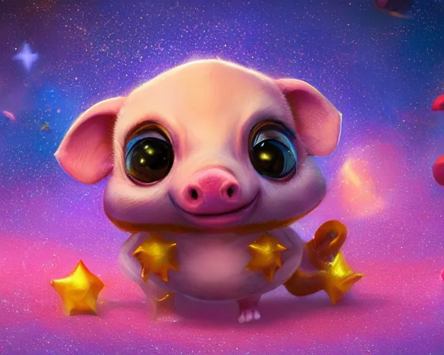 Image similar to 3D Fantasy Cute and adorable space piglet , huge adorable eyes, bright stars, Smooth 3D Illustration, soft render, Servando Lupini, Daniil Kudriavtsev, handpaint texture, Blender, 3DCoat