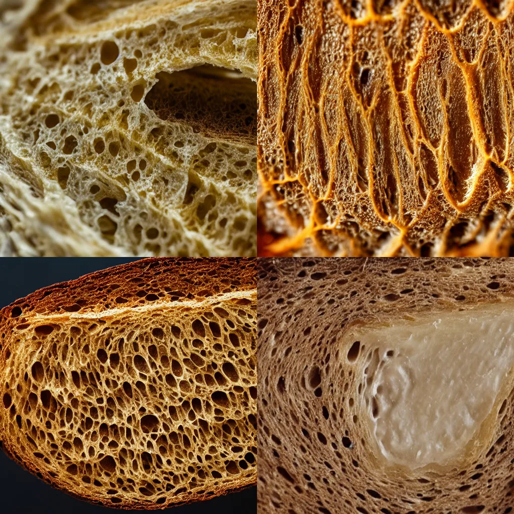 Prompt: macro of fungal hyphae in a slice of bread