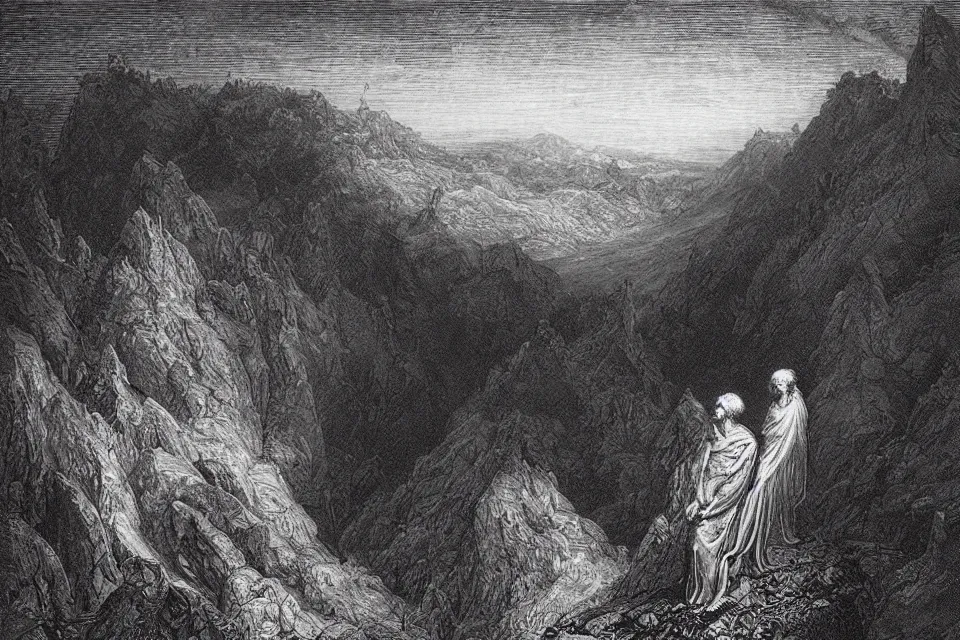 Prompt: “ an engraving of dante and virgil standing on a cliff watching the tempest of hell by gustave dore ”