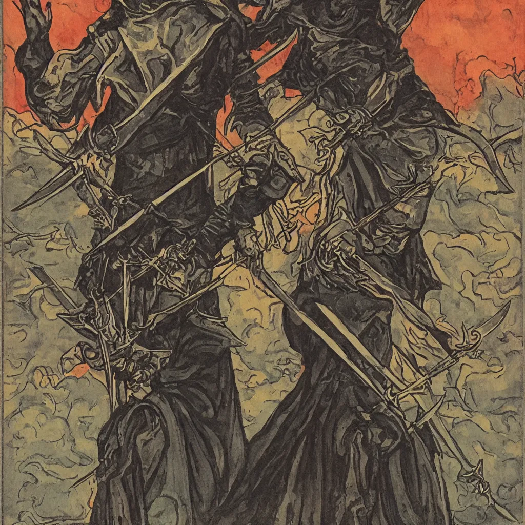 Image similar to the cup of swords tarot card, by antonio segura donat,