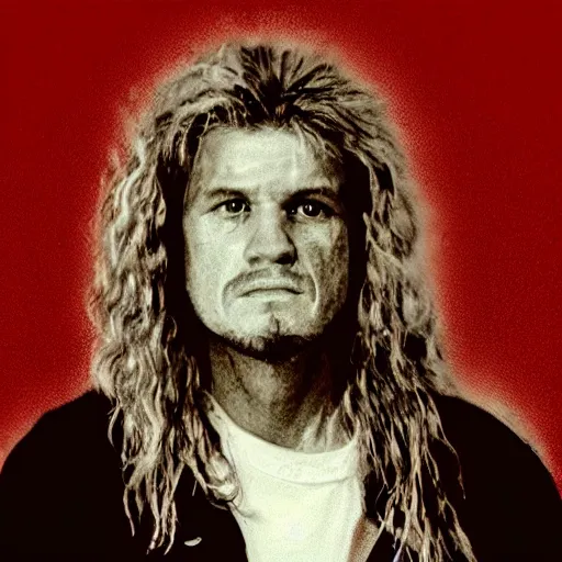 Prompt: mullet mugshot, digital grain