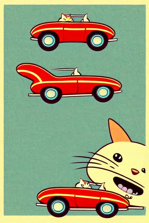 Image similar to by richard scarry. car racer cat. a 1 9 5 0 s retro illustration. studio ghibli. muted colors, detailed