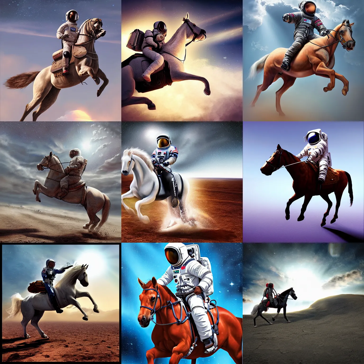 Prompt: photorealistic art of an astronaut riding a horse, dynamic lighting, hyperrealism