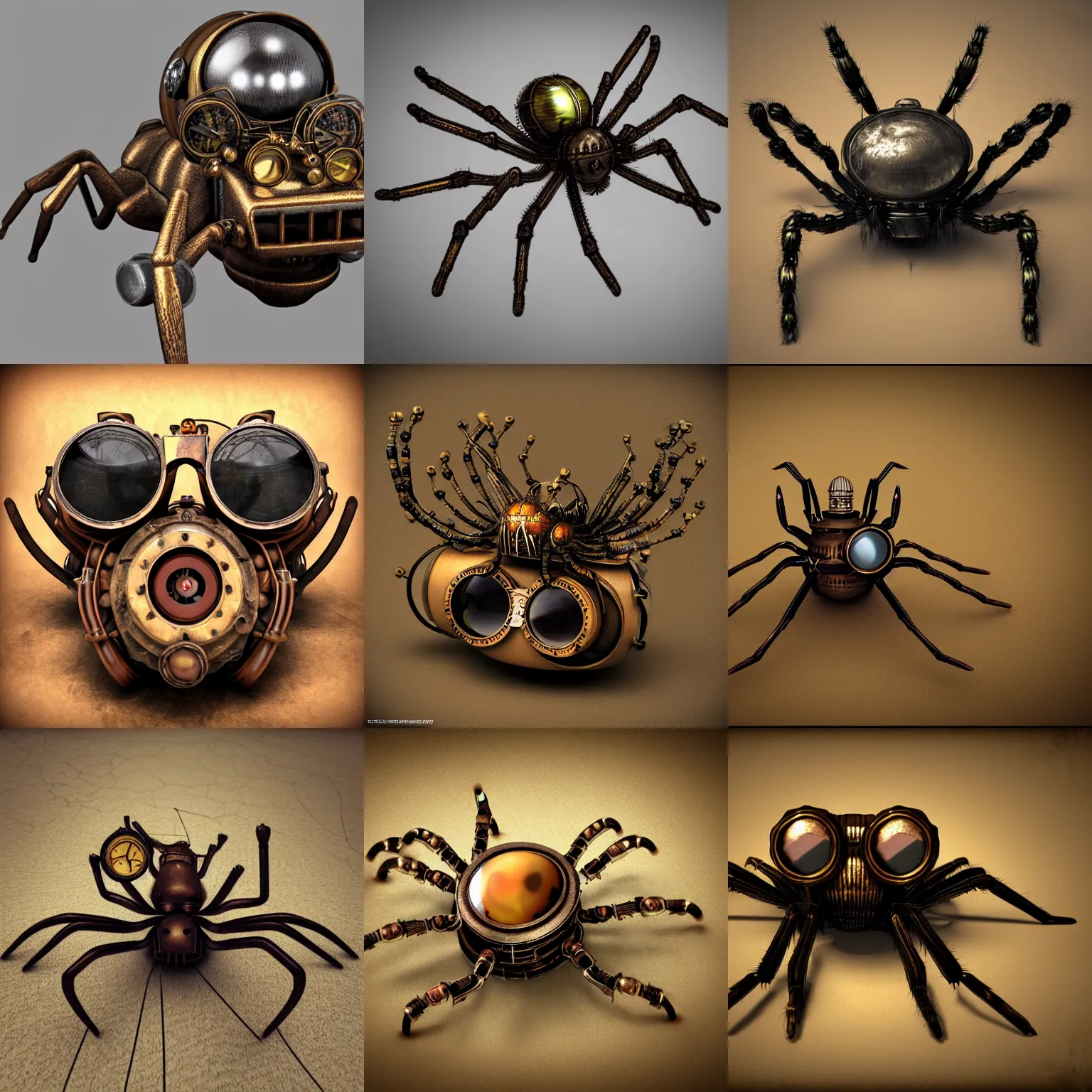 Prompt: steampunk spider wearing steampunk goggles, photorealistic 3D render