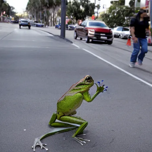 A Bipedal Frog Walking Down A Busy Street In Los 