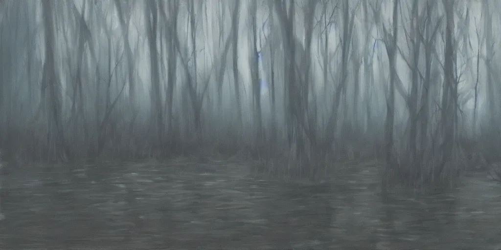 Prompt: painting of will - o'- the - wisps in a murky swamp, muted colors, mysterious, creepy