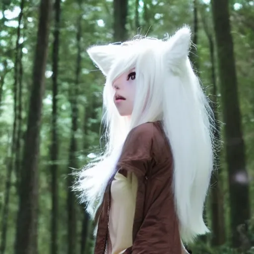 Image similar to a cute white long haired anime foxgirl in a forest