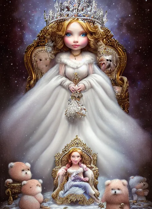 Image similar to highly detailed closeup portrait of a snow, ice princess wearing a crown and sitting on a throne surrounded by fluffy bears, nicoletta ceccoli, mark ryden, lostfish, earl nore, global illumination, god rays, detailed and intricate environment