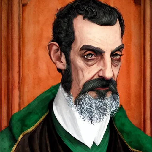 Image similar to Lord Havelock Vetinari as a shady, machiavellian, slytherin headmaster of Hogwarts, School of Witchcraft and Wizardry, detailed, hyperrealistic, colorful, cinematic lighting, digital art by Paul Kidby