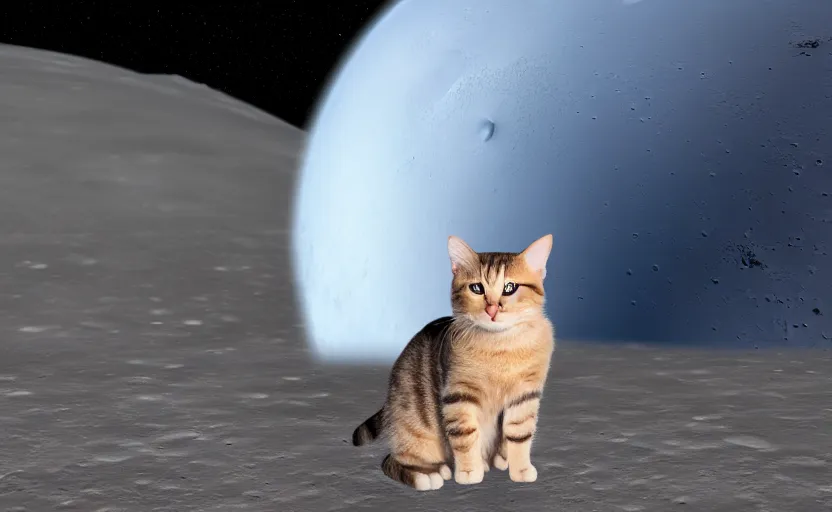 Image similar to a cat sitting on the surface of the moon, Photo, 4k, High definition, ultra realistic, 35mm