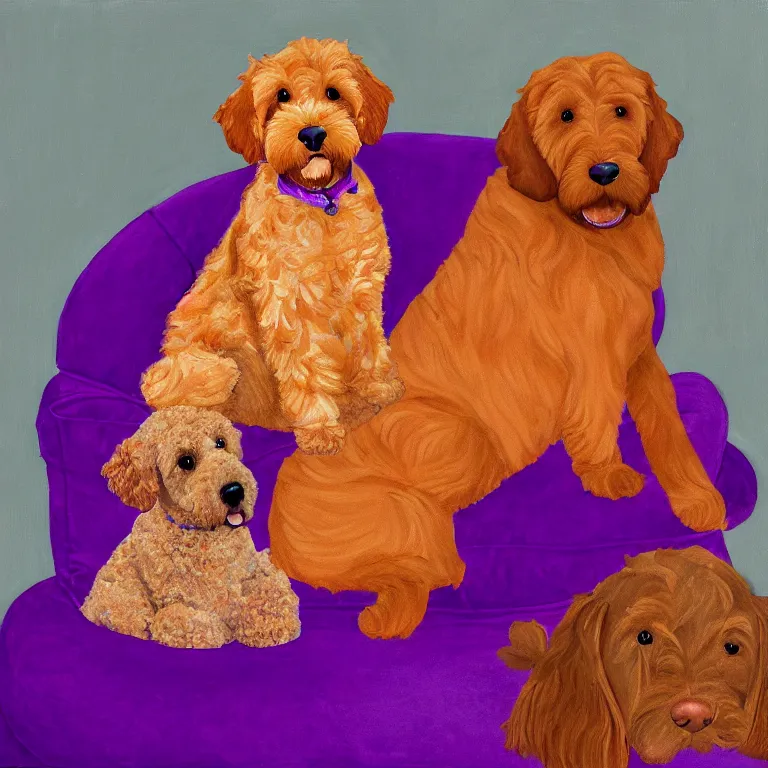 Prompt: a portrait of a royal throne flanked by an orange tabby sitting on a floating purple pillow to the left and a brown goldendoodle sitting on a floating purple pillow to the right, oil on canvas, soft lighting, 8 k