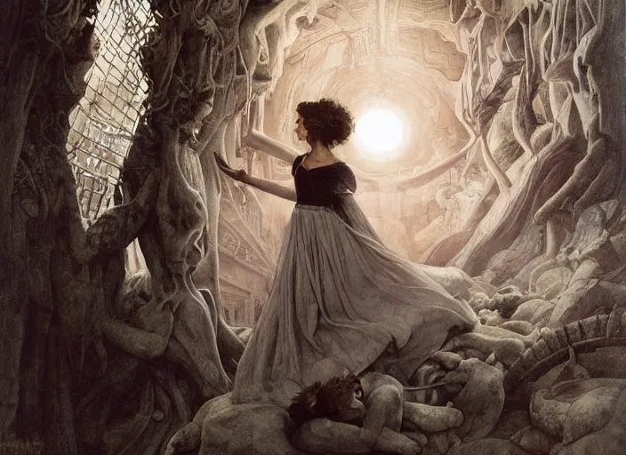 Image similar to jim henson's labyrinth. sarah, a girl in a ballgown, is trapped in a dark shadowed oubliette made of stone. by edgar maxence and caravaggio and michael whelan and delacroix style, artistic, intricate painting, cinematic lighting, hyper realistic, extremely detailed, vivid colors, establishing shot, dramatic lighting