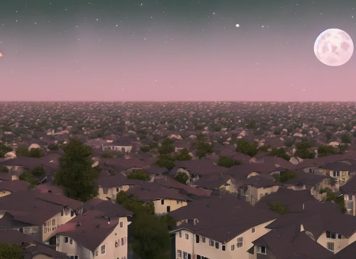 Image similar to thousands of different moons scattered across the sky. thousands of big moons, focus on the sky. thousands of houses in the city, hyperrealism, no blur, 4 k resolution, ultra detailed