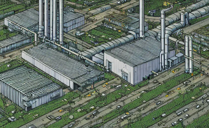 Prompt: industrial buildings surrounded by undergrowth by moebius