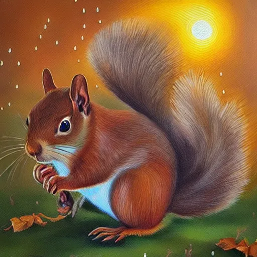 Prompt: beautiful oil painting of squirrels with glowing eyes hiding under foilage, raining at night