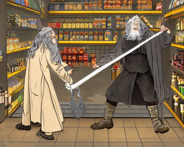 Image similar to Gandalf fighting Dumbeldore in grocery store, highly detailed, digital art, trending on artstation