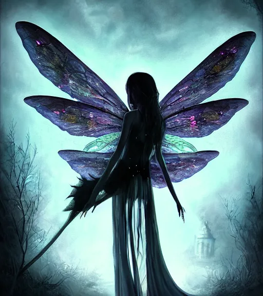 Image similar to gothic fairy with dragonfly wings, digital painting, liminal eerie midnight backlit, a picture taken by Michael Komarck