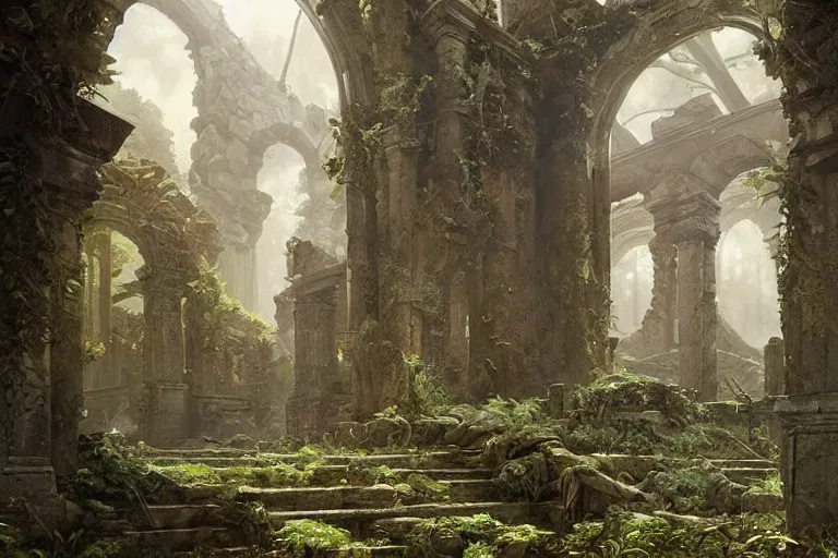 Image similar to painting of sacred ancient cursed ruins, forest, concept art, intricate details, eerie, highly detailed, photorealistic, octane render, 8 k, unreal engine. art by artgerm and greg rutkowski and alphonse mucha