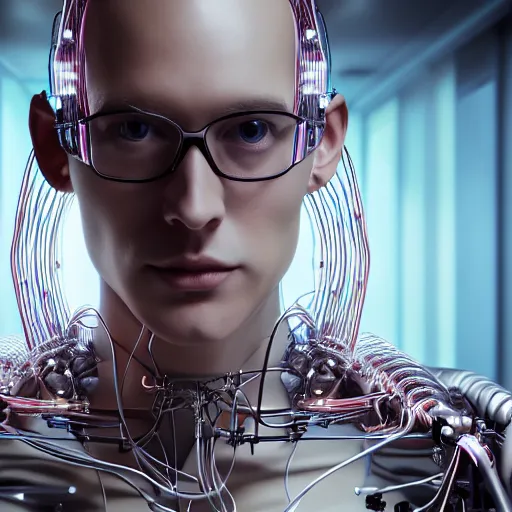 Prompt: a beautiful photoshoot of cybernetic male, wearing glasses, full body shot, with epic bionic cyborg implants, wires, tubes, biomechanical details, liquid, prismatic highlights, depth of field, cinematic, macro, concept art, 5 0 mm, artstation, digital painting, elegant, focus, octane render, ray tracing, by h. r. giger