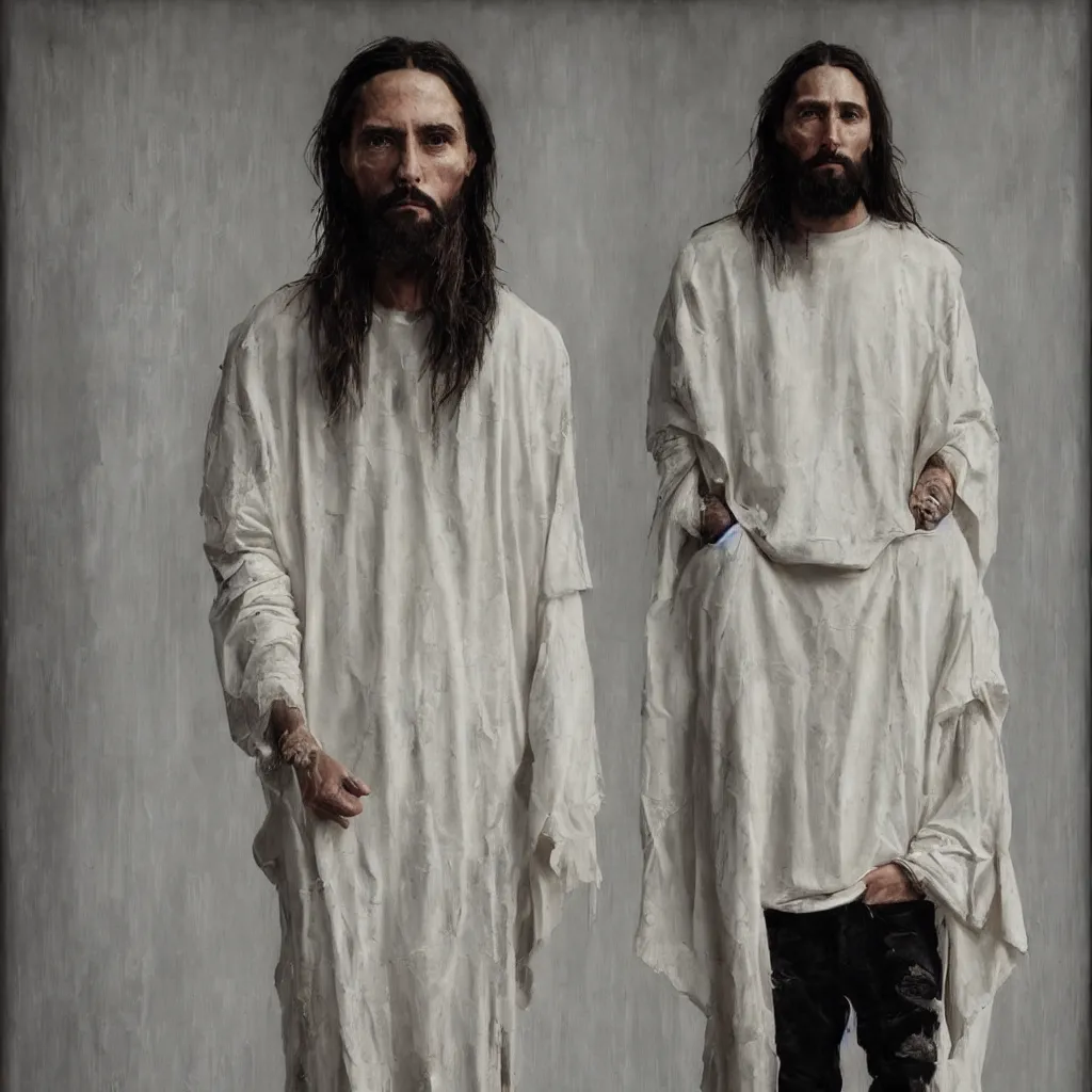 Image similar to a full body lookbook portrait of modern - day jesus wearing cream yeezy and fear of god menswear collection by nicola samori, detailed, oil painting, hyper - realistic, 8 k, yeezy collection