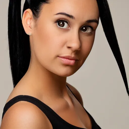 Prompt: girl with black hair in a ponytail and brown eyes, bigger forehead, photo shoot, in a dress