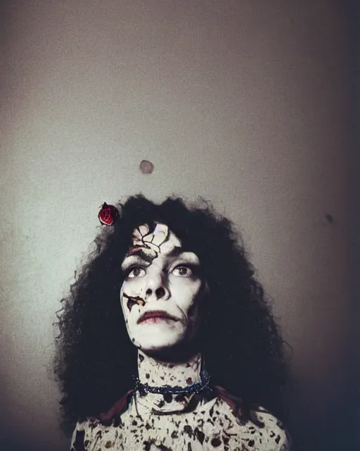 Image similar to an instant photo of a beautiful but creepy woman in dead space, with haunted eyes and curly hair, wearing a vivienne westwood collar, 1 9 7 0 s, seventies, wallpaper, a little blood, moonlight showing injuries, delicate embellishments, painterly, offset printing technique, by mary jane ansell