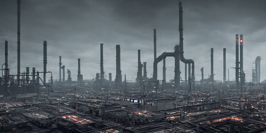 Prompt: industrial science-fiction landscape, huge mechanical towers, ground full of factories and pipes, under a dark cloudy sky, in the style of Blade Runner