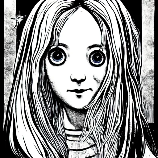 Image similar to Luna Lovegood in the style of Junji Ito. Manga. Black and white. Gothic. Horror. Exquisitely detailed. 4K.