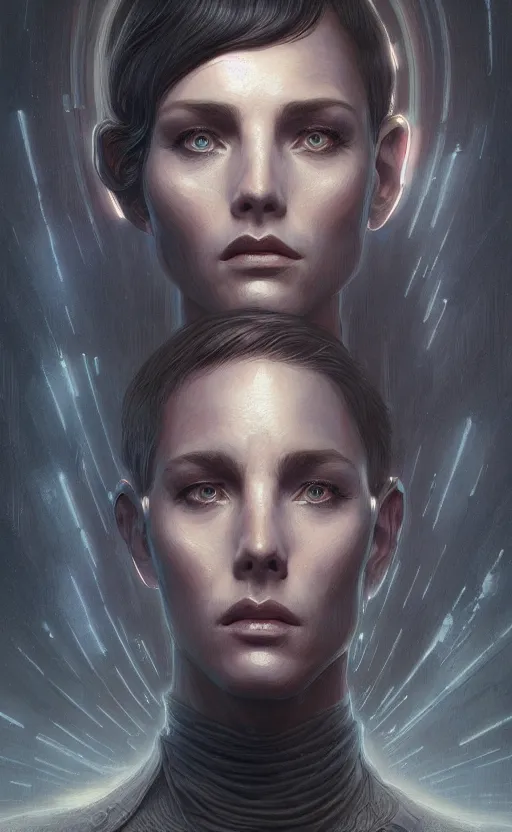 Image similar to portrait of a grey alien, deep focus, blade runner 2 0 4 9, fantasy, intricate, elegant, highly detailed, digital painting, artstation, concept art, matte, sharp focus, illustration, art by artgerm and greg rutkowski and alphonse mucha