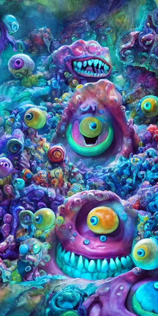 Image similar to of a colorful deep sea cave with strange cute friendly happy creatures with huge eyes, mouth, long tongue and round teeth appearing from sandy coral, in the style of gehry and gaudi, macro lens, shallow depth of field, ultra detailed, digital painting, trending artstation, concept art, illustration, cinematic lighting, photorealism, epic, octane render