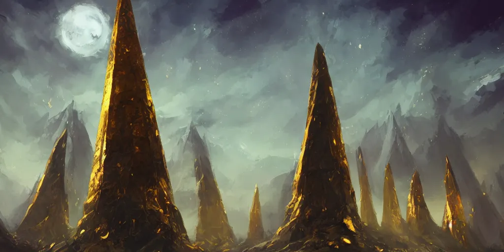 Image similar to giant gold obelisks, ultrawide shot of obsidian landscape, concept art, anato finnstark style,