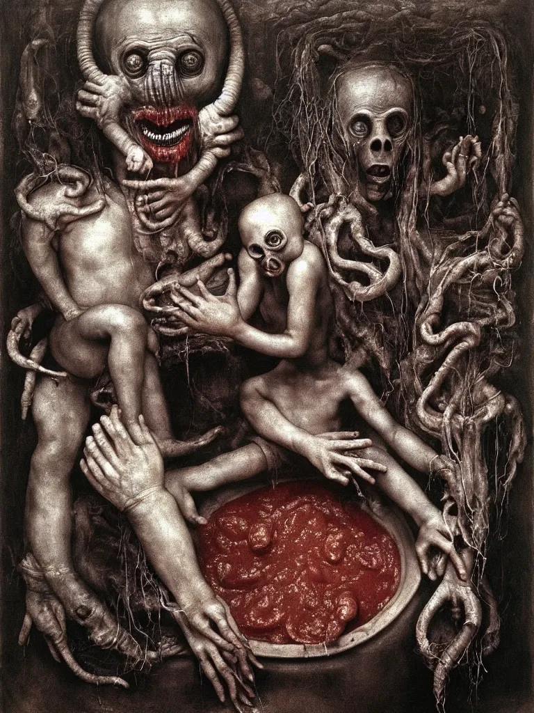 Prompt: a boy like eraserhead and elephant man sitting in a tub full of tomato sauce, looking straight into camera, screaming in desperation, dark baptist ritual, by giuseppe arcimboldo and ambrosius benson, renaissance, fruit, intricate and intense oil paint, a touch of beksinski and hr giger and edward munch, realistic