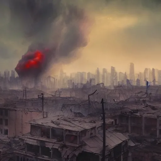 Prompt: destroyed city, dystopian, war, real, thick blue smoke, red clouds, detailed, award winning, masterpiece