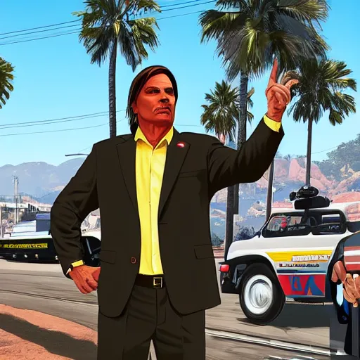 Prompt: Jair Bolsonaro in GTA V, Cover art by Stephen Bliss, Boxart, loading screen