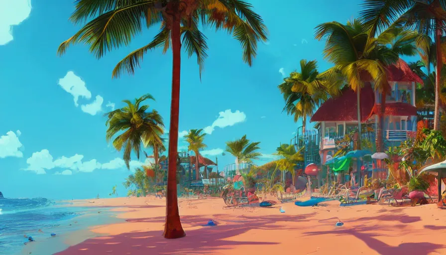 Image similar to beautiful seaside tropical beach village by moebius, james gilleard, very beautiful, volumetric lighting, 4 k